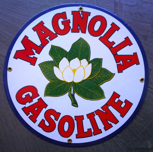 plaque emaillée magnolia gasoline fleur blanche huile essence pub auto moto  aviation garage deco