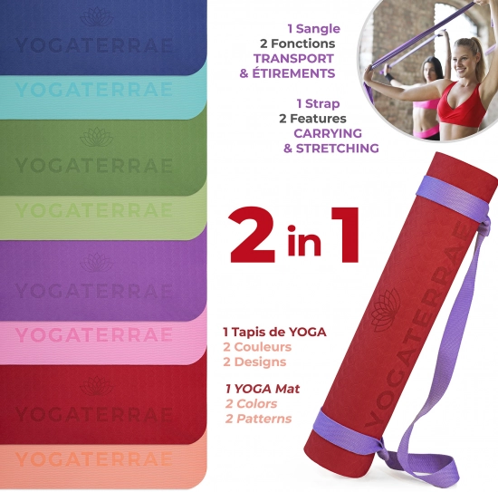 Tapis de Yoga Antidérapant Bordeaux Corail en TPE 183x61x0,6cm + Sangle de transport et d'étirements en Coton